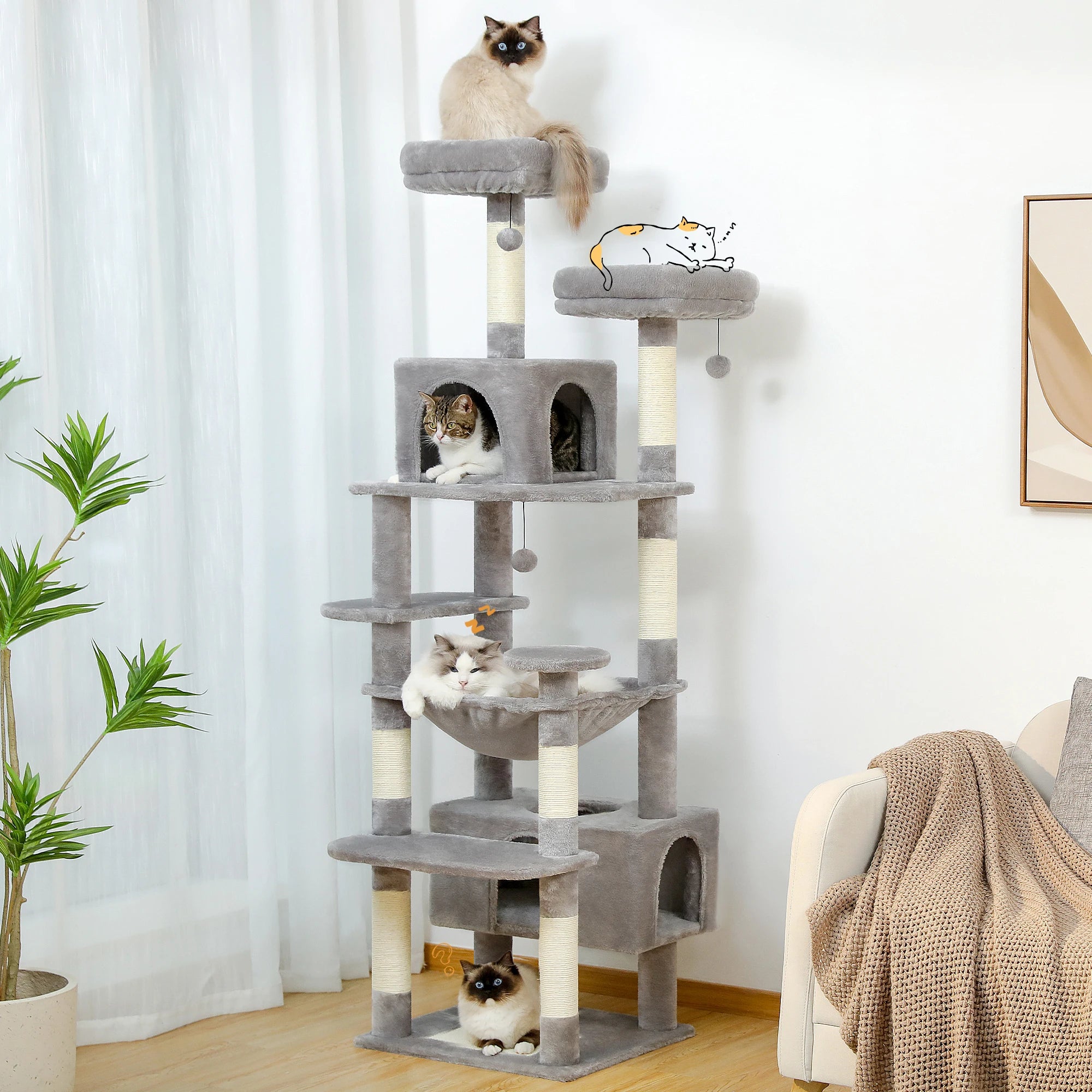 Large Cat Tree Tower with Hammock, Condos & Scratching Posts
