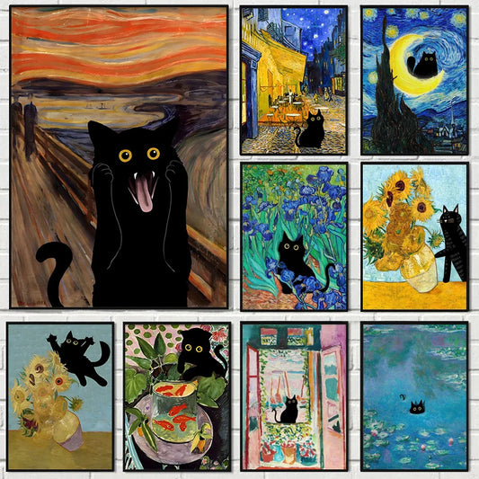 Black Cat & Sunflowers Canvas Wall Art – Funny Art Prints