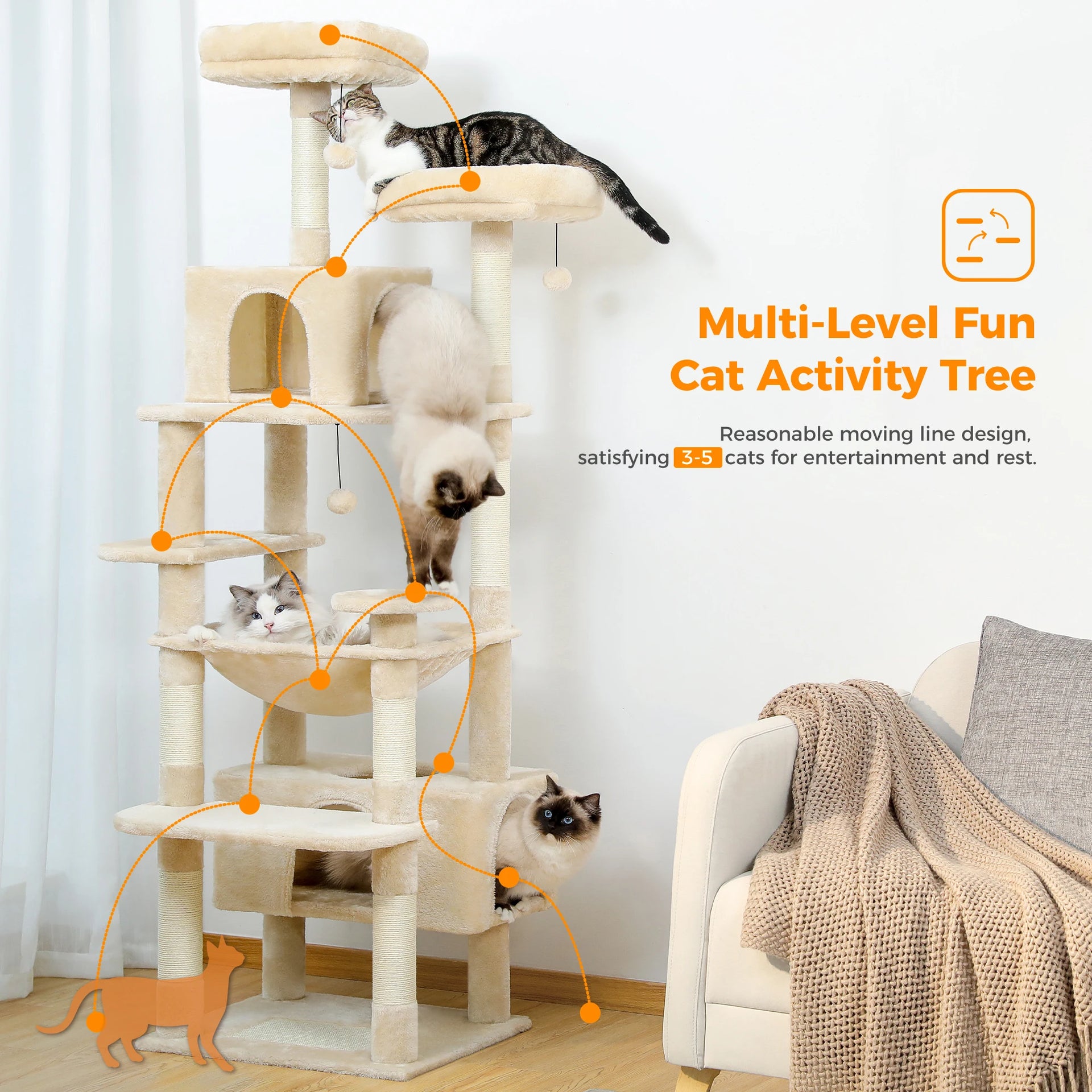 Large Cat Tree Tower with Hammock, Condos & Scratching Posts